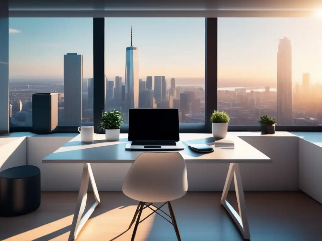 Espacio de trabajo minimalista con vista a la ciudad Espacio de trabajo minimalista con vista a la ciudad, organizado y enfocado en la declaración de impuestos para freelancers