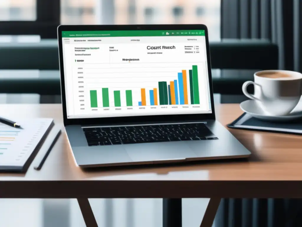 Espacio de trabajo minimalista y eficiente con laptop y hoja de cálculo Tarifas exitosas para freelancers: Espacio de trabajo organizado y minimalista con laptop y hoja de cálculo