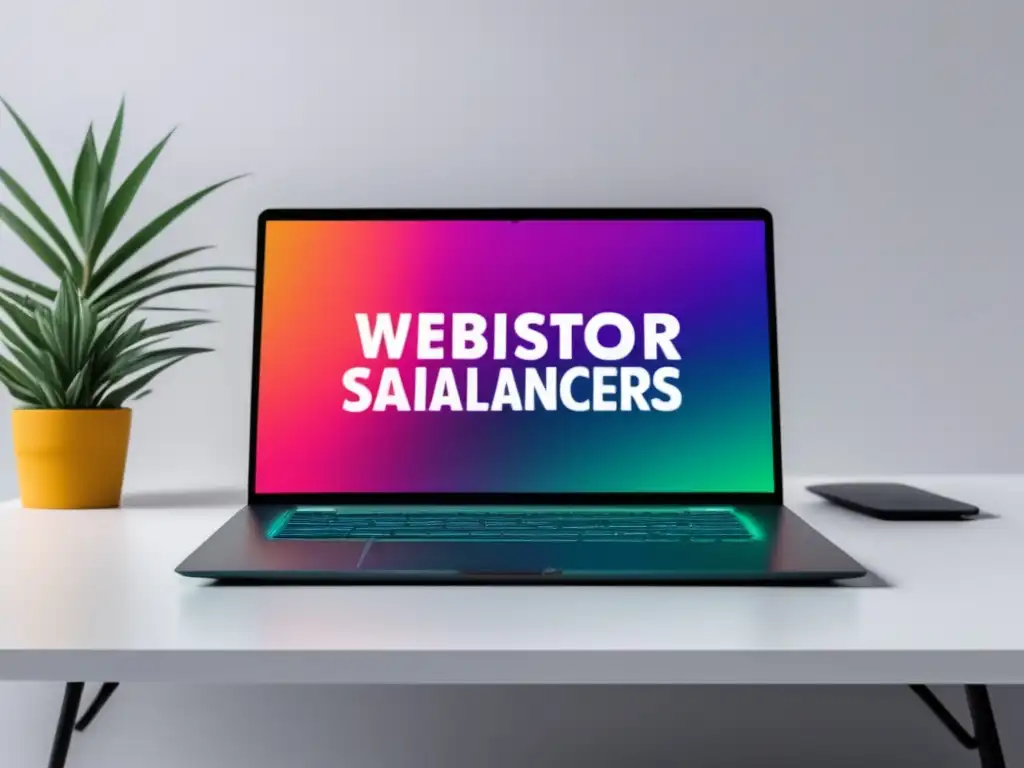 Laptop minimalista en una conferencia vibrante Laptop minimalista en un escritorio blanco con webinar exclusivo para freelancers, promesa de independencia financiera