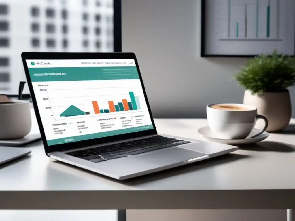 Espacio de trabajo minimalista con gráficos de negociación Espacio de trabajo minimalista con escritorio blanco y portátil