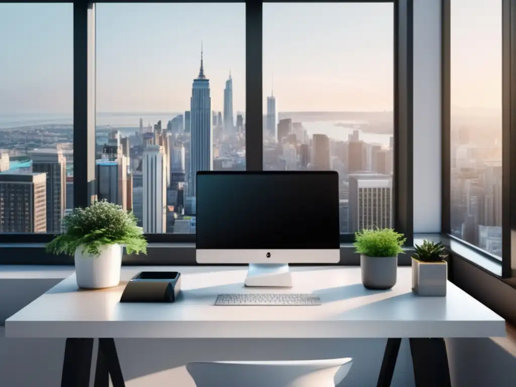 Espacio de trabajo minimalista con vista a la ciudad Espacio de trabajo minimalista con ingresos pasivos para freelancers en planificación y gestión financiera especializada