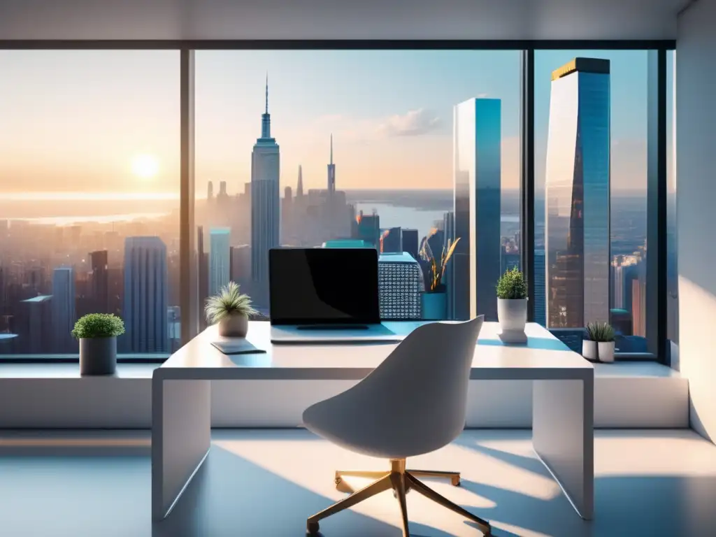 Espacio de trabajo minimalista con vista a la ciudad Espacio de trabajo minimalista con vista a la ciudad: estrategias financieras para freelancers en EEUU