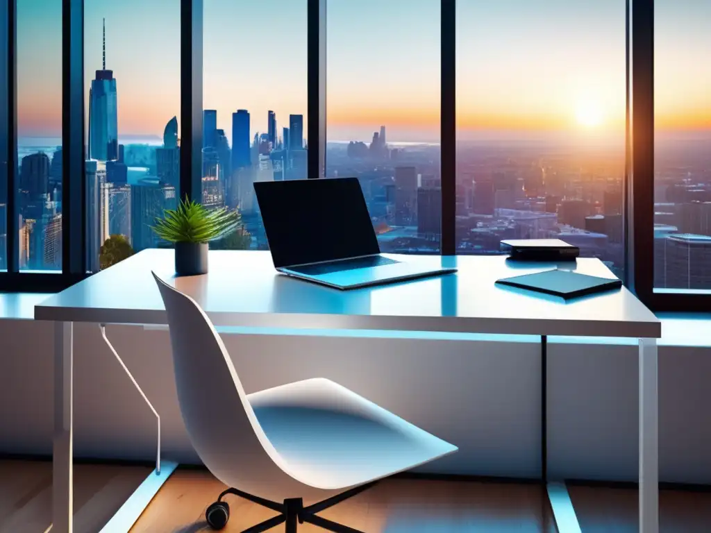 Espacio de trabajo minimalista con vista a la ciudad Espacio de trabajo minimalista con vista urbana, ideal para estrategias de inversión inmobiliaria para freelancers