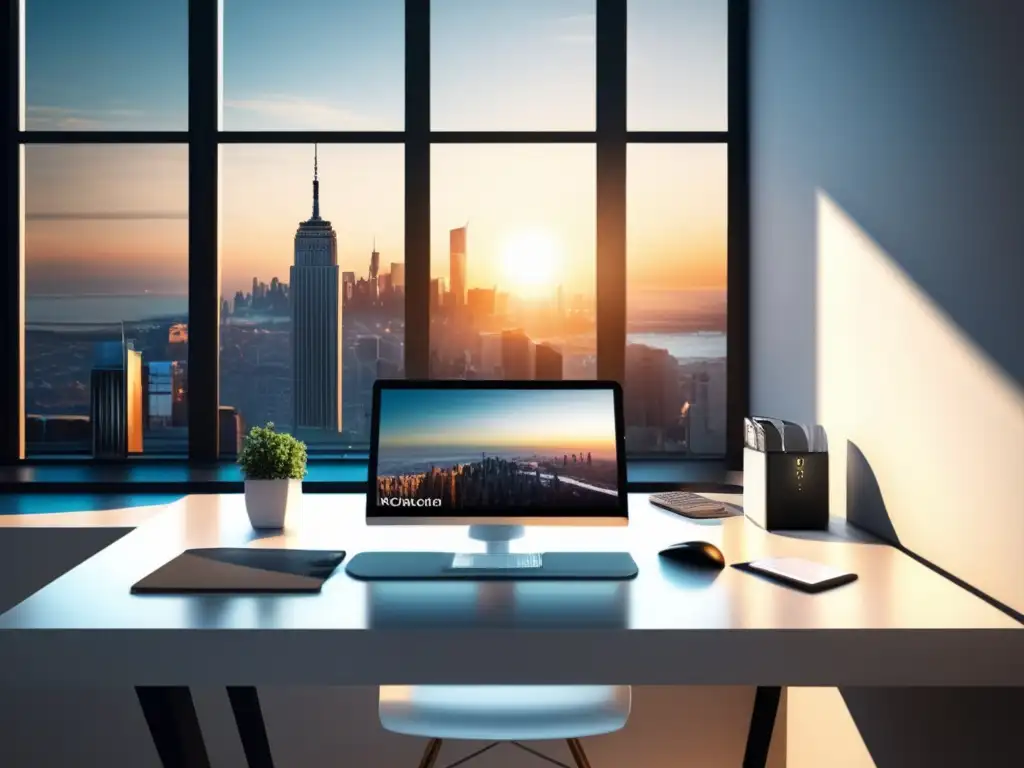 Espacio de trabajo minimalista con vista a la ciudad Escritorio minimalista con vista panorámica de la ciudad, generando ingresos pasivos para freelancers
