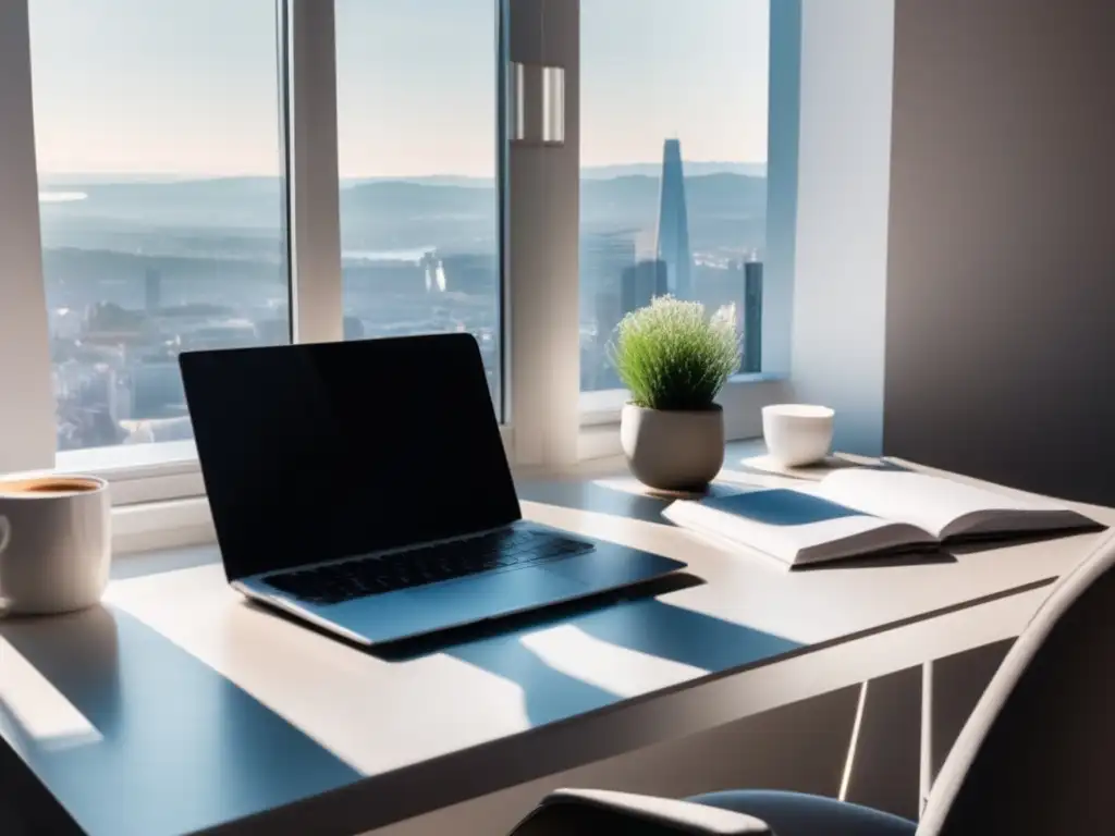 Espacio de trabajo minimalista con vista a ciudad europea Espacio de trabajo minimalista con vista a la ciudad europea; estrategias financieras para freelancers en el mercado europeo