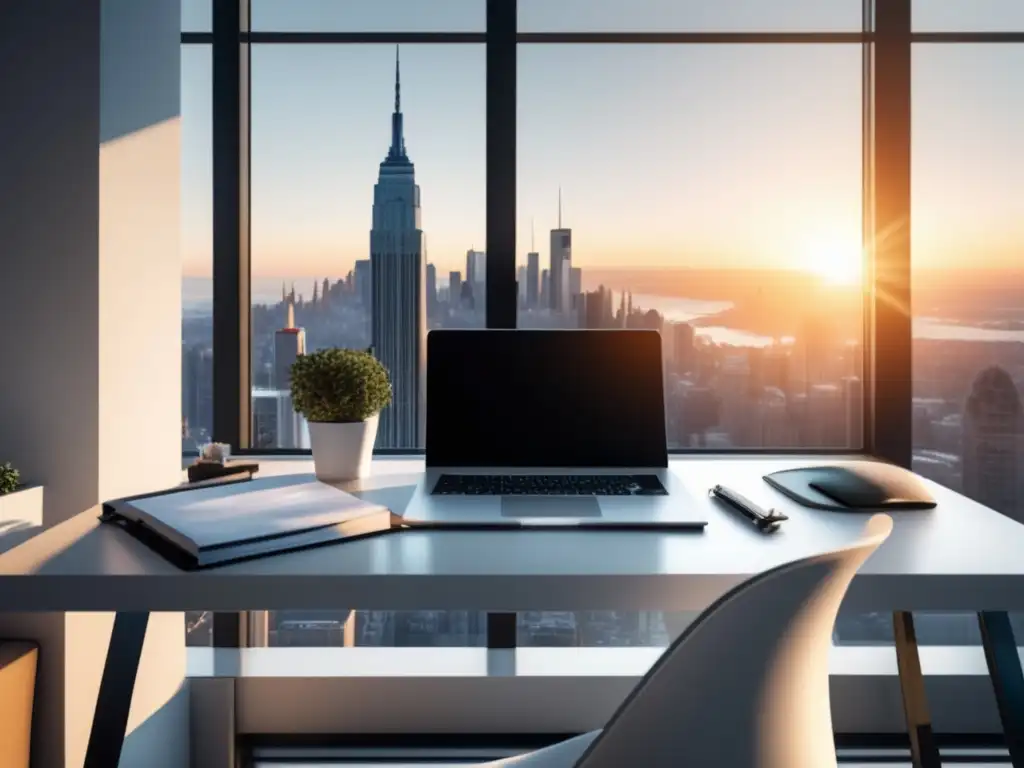 Espacio de trabajo minimalista con vista panorámica a la ciudad Espacio de trabajo minimalista con vista a la ciudad: gestión financiera para freelancers internacionales