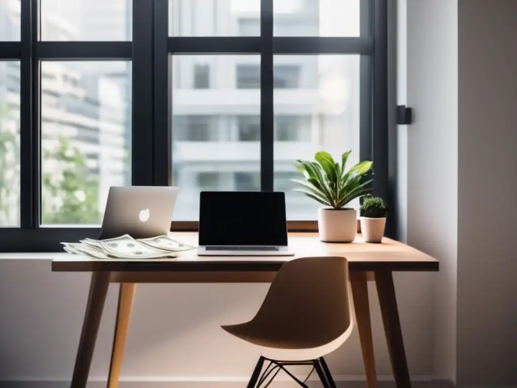 Espacio de trabajo minimalista y seguro Espacio de trabajo minimalista con escritorio elegante, laptop y colchón financiero para freelancers