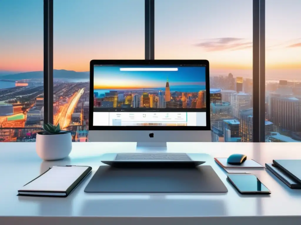 Espacio de trabajo minimalista con vista a la ciudad Espacio de trabajo minimalista con vista a la ciudad y herramientas para evitar riesgos financieros para freelancers