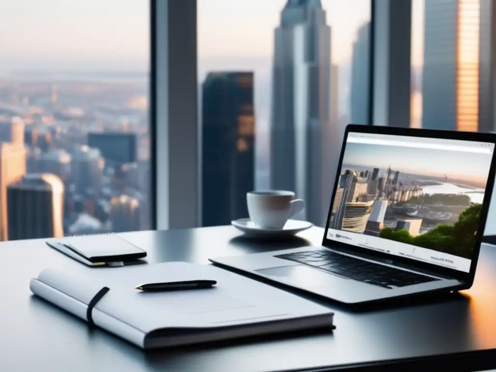 Espacio de trabajo organizado y profesional Espacio de trabajo minimalista con escritorio blanco frente a ventana con vista a la ciudad: errores financieros de freelancers