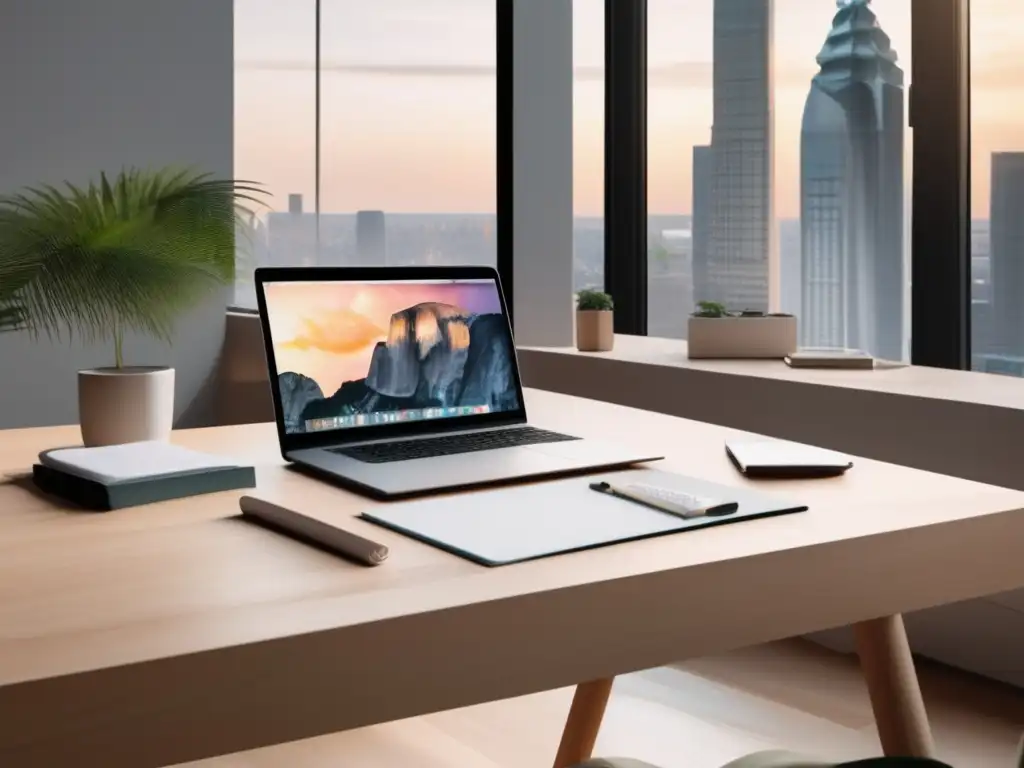 Espacio de trabajo freelance ordenado y profesional Espacio de trabajo minimalista con escritorio de madera clara, laptop y papeles financieros organizados