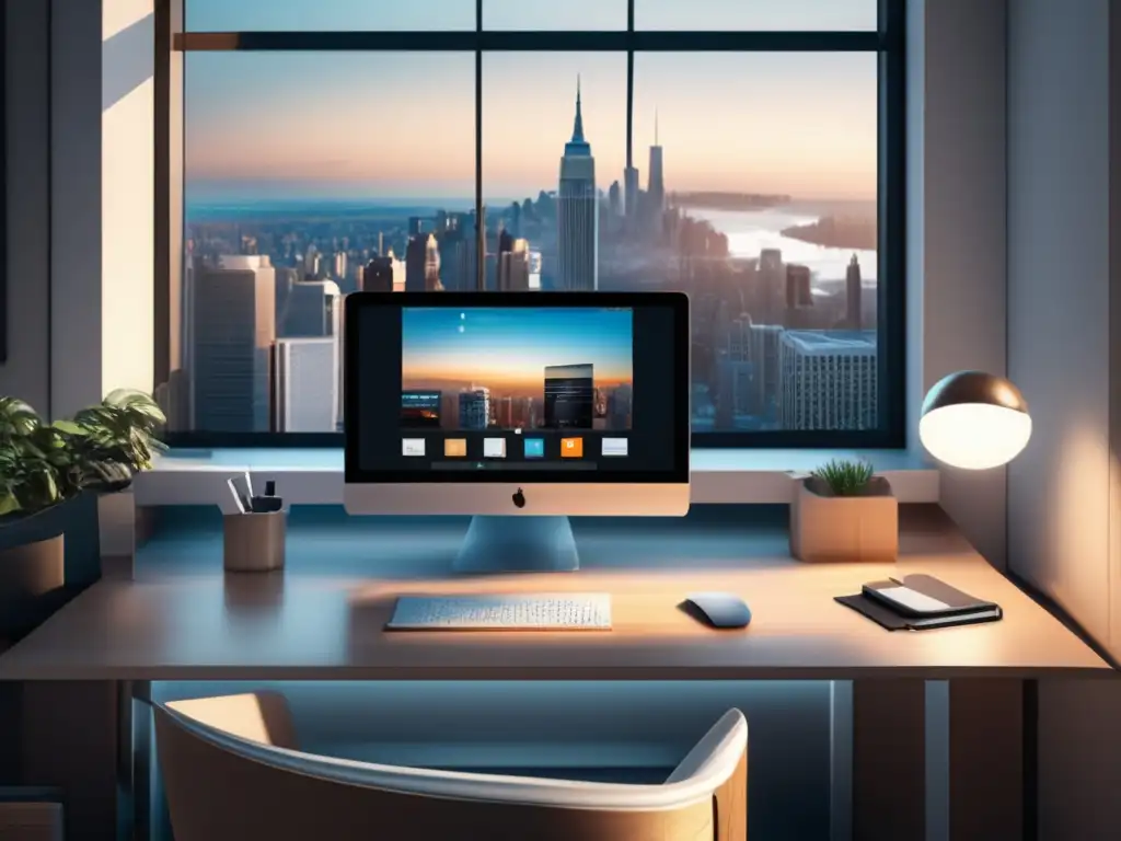 Espacio de trabajo minimalista con vista a la ciudad Opciones inversión freelancers: oficina minimalista, ventana panorámica, ciudad, laptop, cuaderno, lapicero