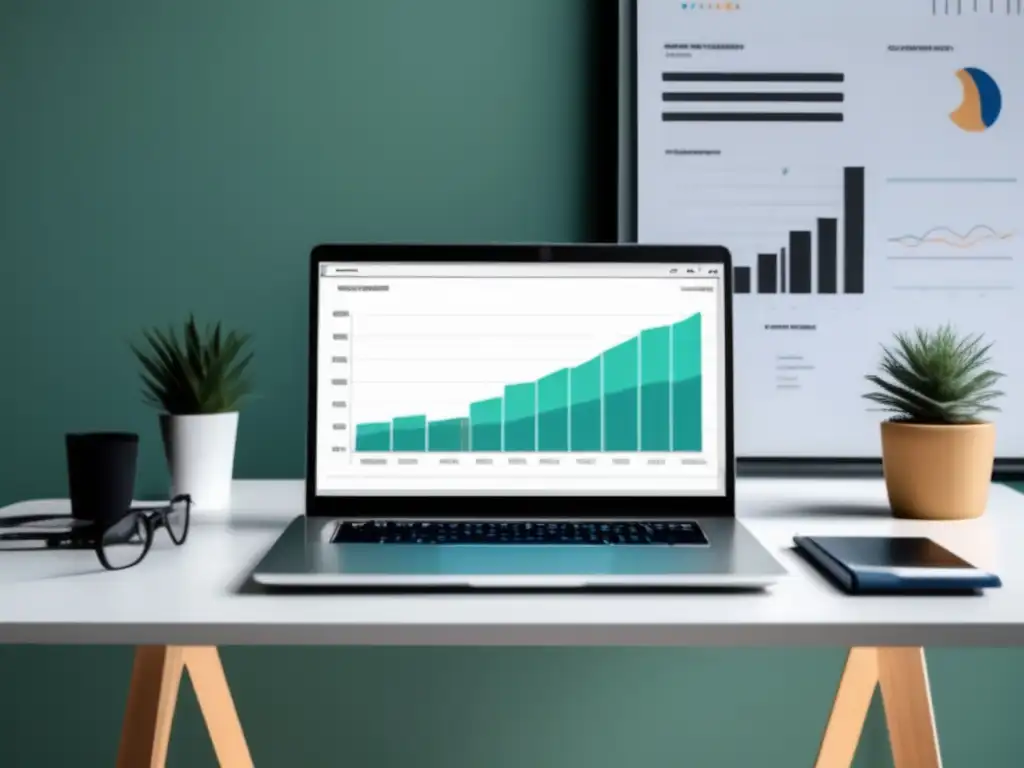 Espacio de trabajo minimalista y organizado Espacio de trabajo minimalista, laptop elegante, finanzas personales de freelancers en entorno económico global