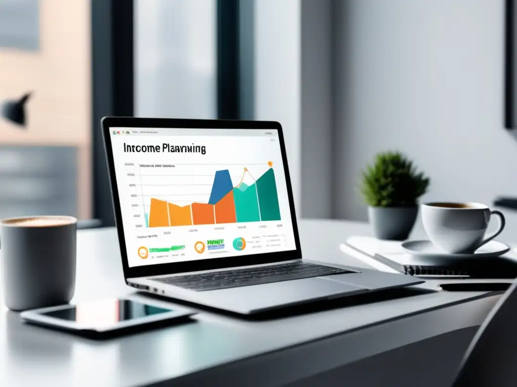 Espacio de trabajo minimalista con laptop y aplicación de planificación financiera Espacio de trabajo minimalista con laptop moderna y aplicación de planificación financiera para freelancers