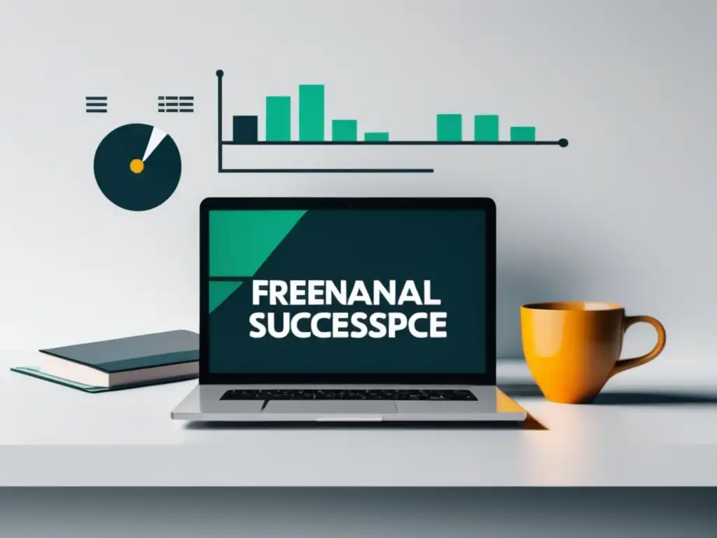 Espacio de trabajo minimalista para freelancers Workspace freelancers: laptop, libros finanzas, café, notas