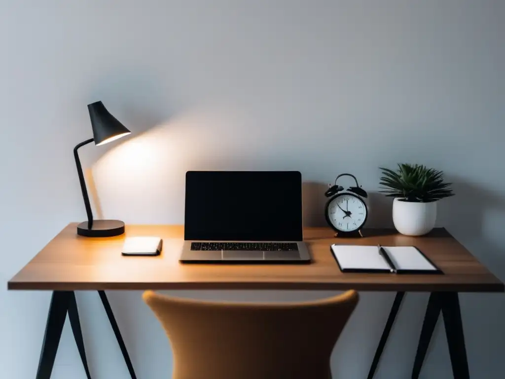 Espacio de trabajo organizado para freelancer Escritorio organizado con laptop, notas y reloj minimalista, simbolizando la gestión tributaria para freelancers