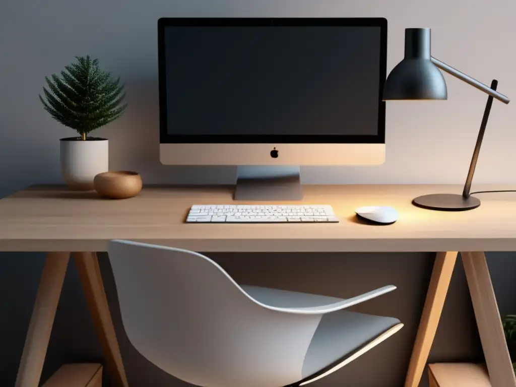 Espacio de trabajo minimalista para freelancer Espacio de trabajo minimalista para freelancer con escritorio de madera clara, laptop, planta y luz cálida