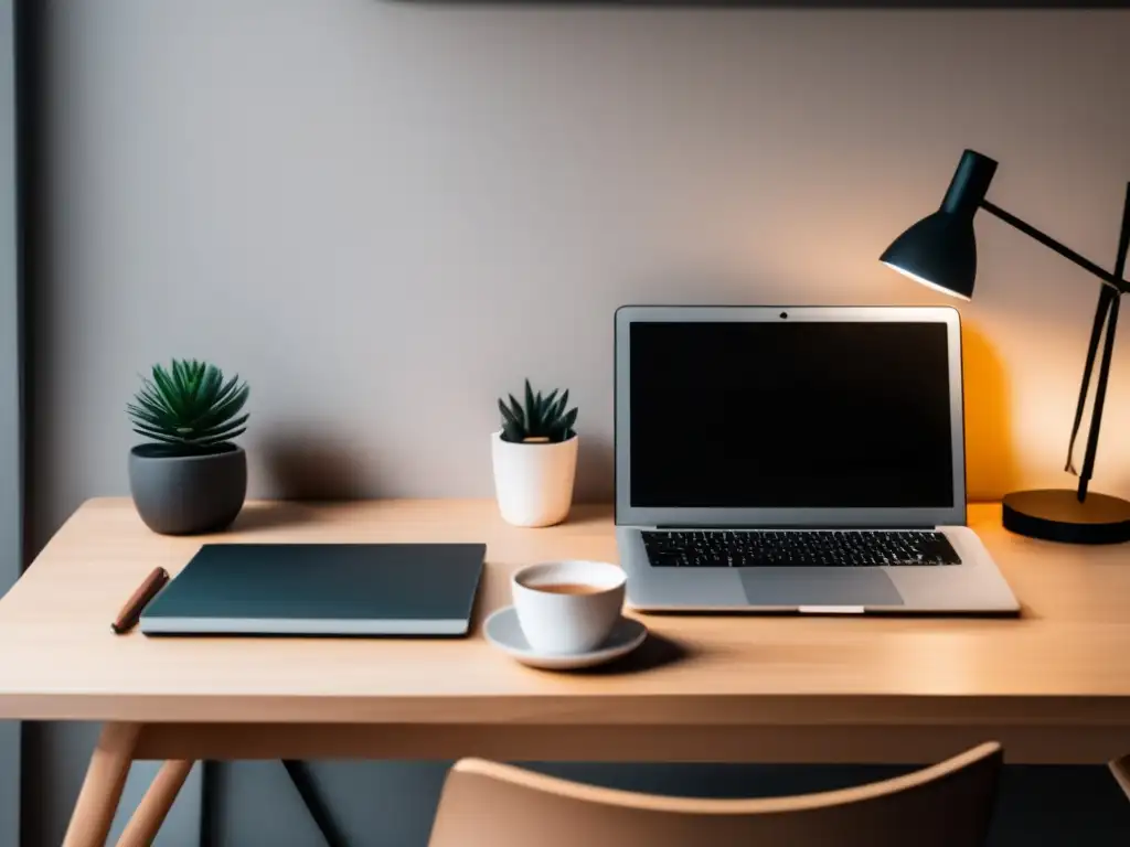 Espacio de trabajo minimalista para freelancer Espacio de trabajo minimalista con escritorio de madera clara, laptop, cuaderno, lámpara y planta