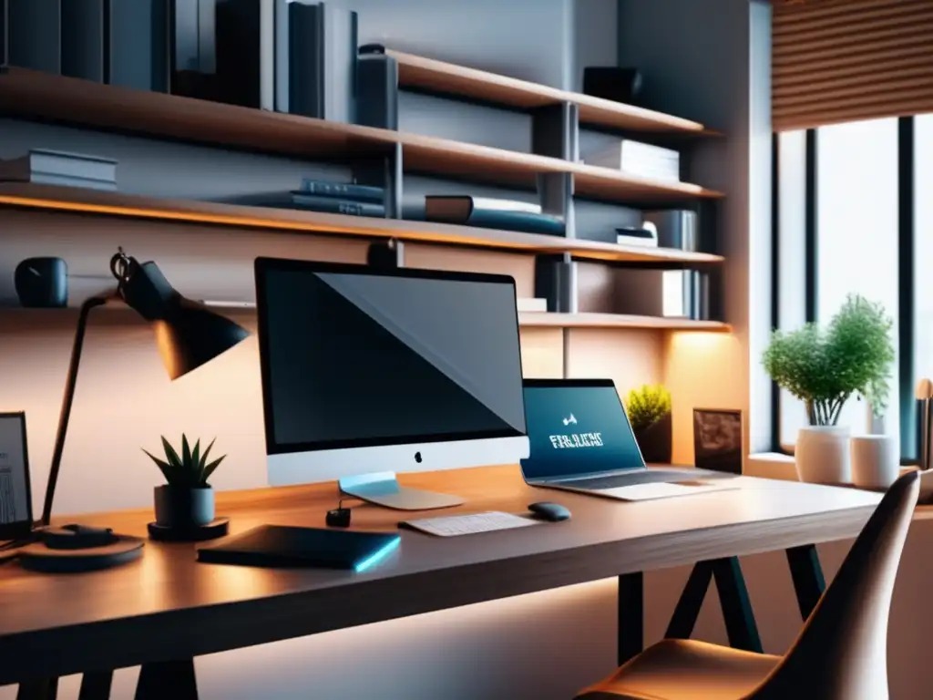 Espacio de trabajo de un freelancer moderno Espacio de trabajo de freelancer con luz natural, libros de finanzas y un ambiente profesional y creativo