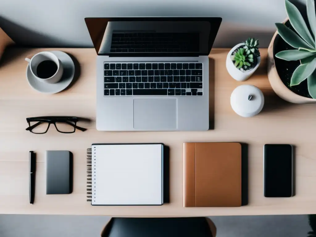 Espacio de trabajo minimalista con laptop y portafolio Espacio de trabajo minimalista con escritorio elegante, laptop moderna y bloc de notas con lápiz