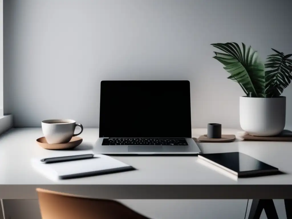 Espacio de trabajo minimalista Espacio de trabajo minimalista con escritorio blanco, laptop, notas y planta: estrategias financieras para freelancers exitosos