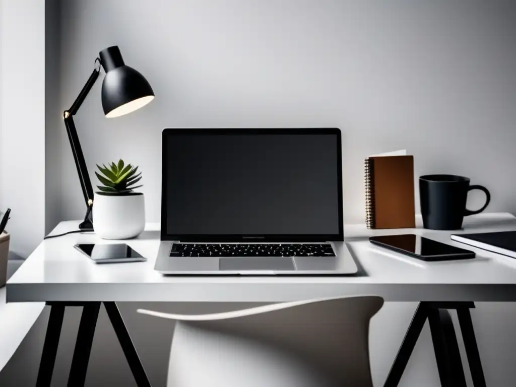 Espacio de trabajo de freelancer Espacio de trabajo minimalista para freelancers con laptop moderna, organización impecable y luz natural