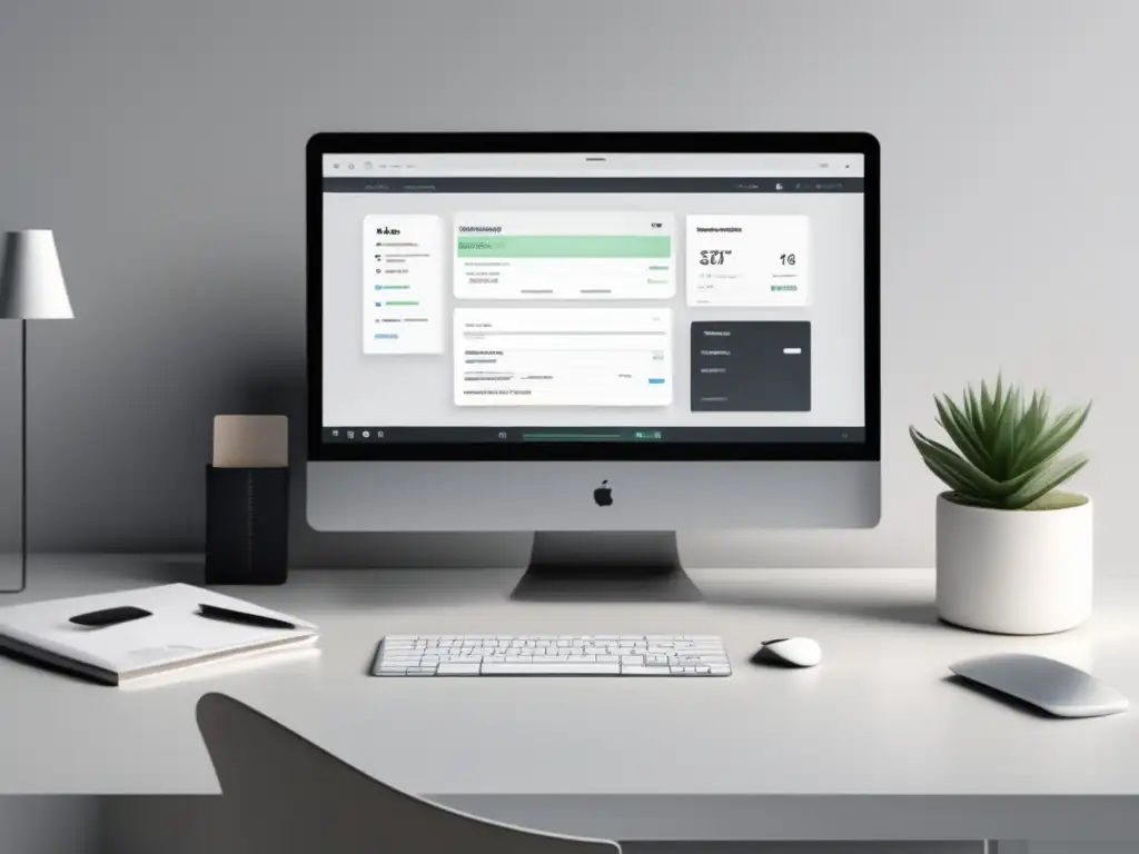 Espacio de trabajo minimalista con software de facturación y cobro Espacio de trabajo minimalista con escritorio blanco y laptop de alta gama