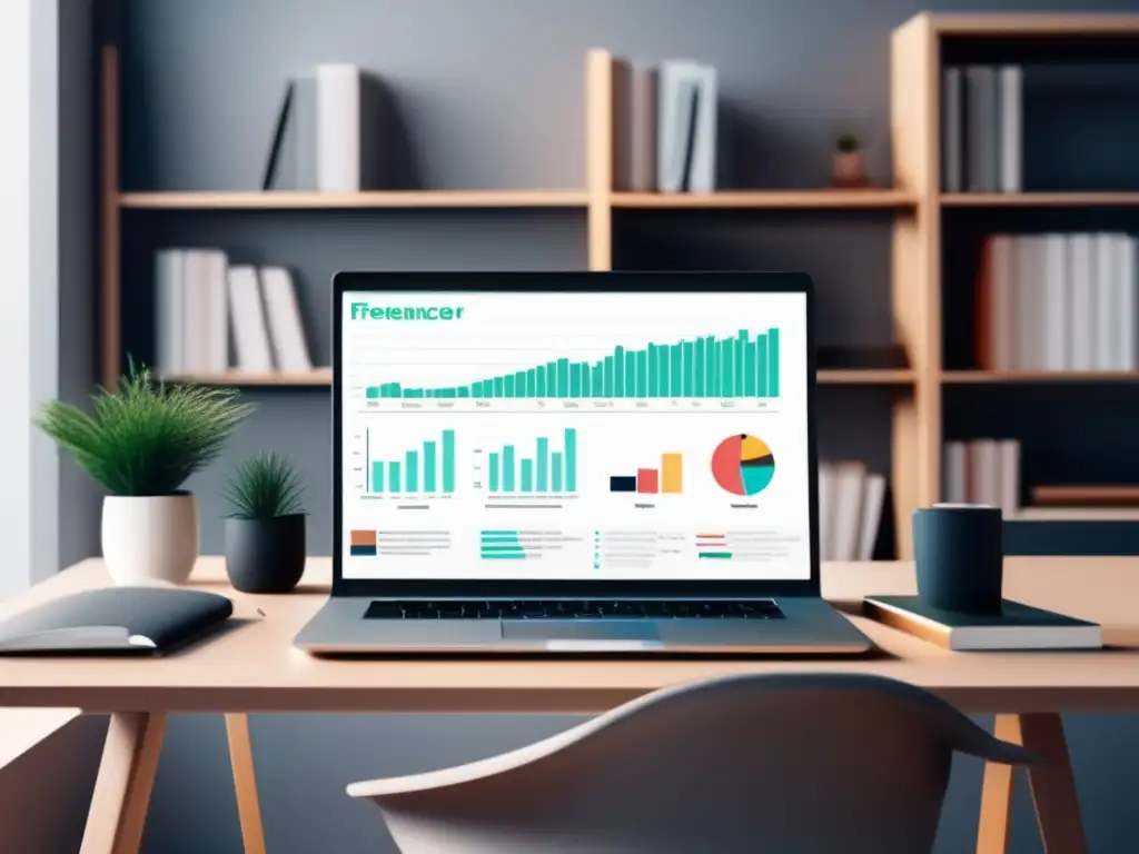 Espacio de trabajo minimalista para freelancer Espacio de trabajo minimalista con escritorio elegante y laptop mostrando análisis financiero para metas financieras de freelancers