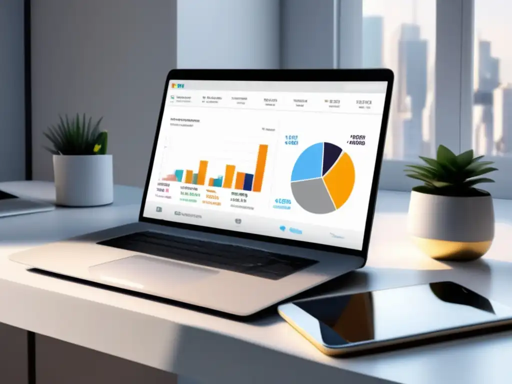 Espacio de trabajo limpio y organizado con laptop y software financiero Espacio de trabajo minimalista con escritorio blanco y laptop moderna mostrando software de seguimiento financiero