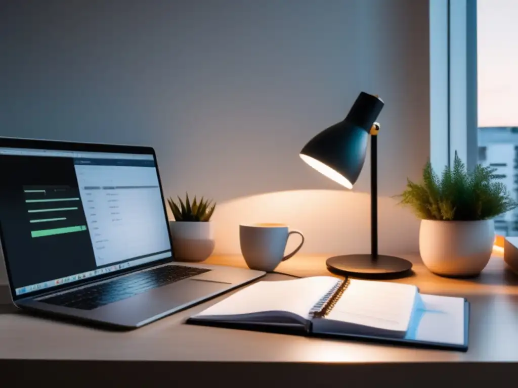 Espacio de trabajo minimalista con ordenador y lámpara moderna Escritorio minimalista con computadora, lámpara moderna y notebook