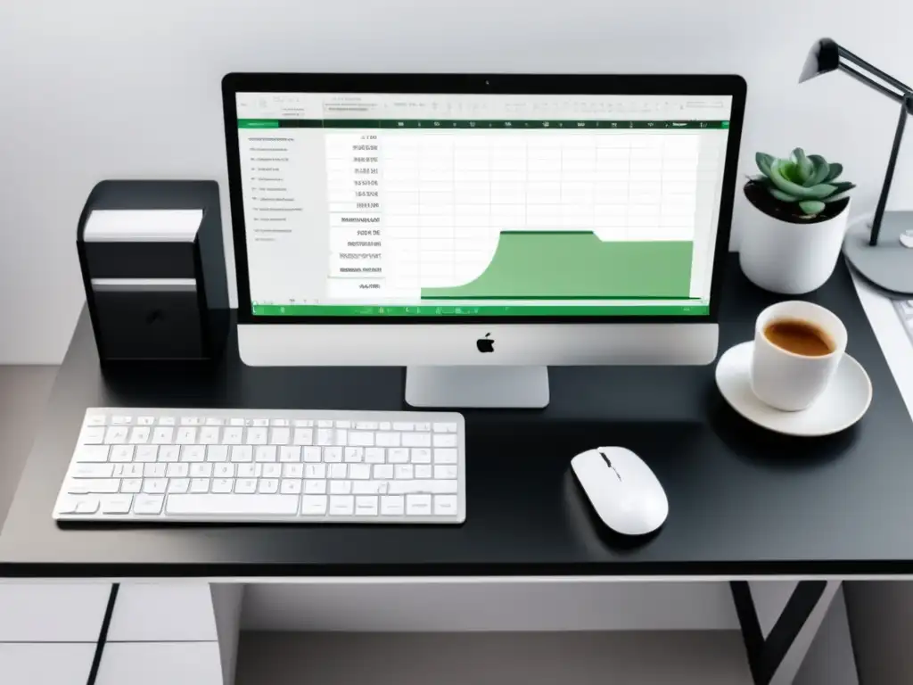Espacio de trabajo minimalista y organizado Espacio de trabajo de freelancer: escritorio blanco organizado con monitor, teclado inalámbrico y ratón; con una hoja de cálculo y calendario