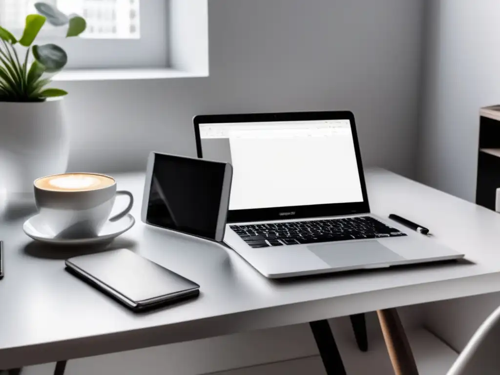 Espacio de trabajo minimalista para freelancers Un espacio de trabajo minimalista para freelancers, con escritorio blanco, laptop y smartphone moderno