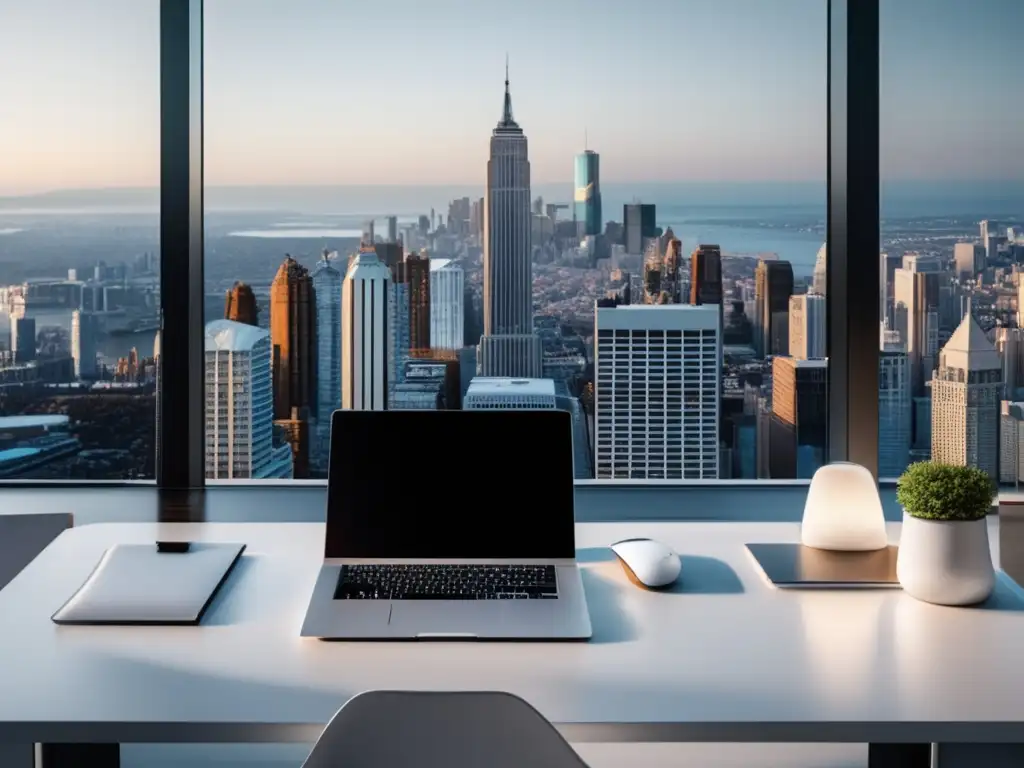 Espacio minimalista de trabajo con vista a la ciudad Espacio de trabajo minimalista con metas financieras para freelancers