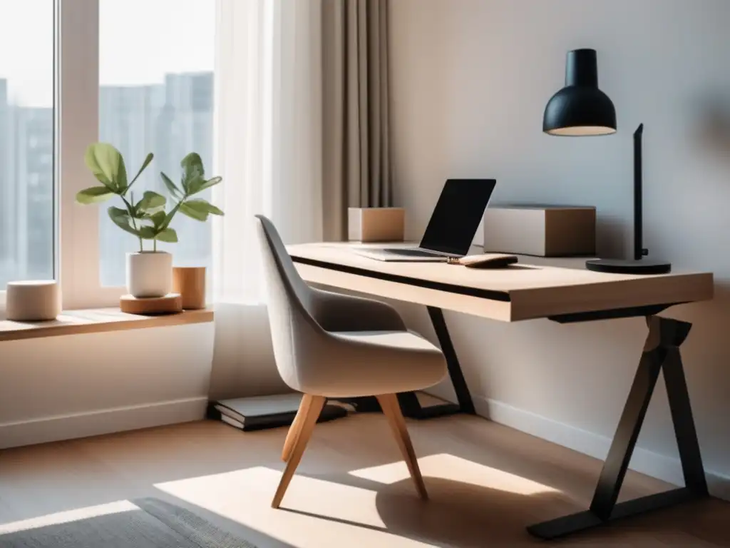 Espacio de trabajo minimalista y organizado Minimiza errores de impuestos en freelancers: Espacio de trabajo ordenado y sereno con escritorio de madera clara, silla cómoda y luz natural