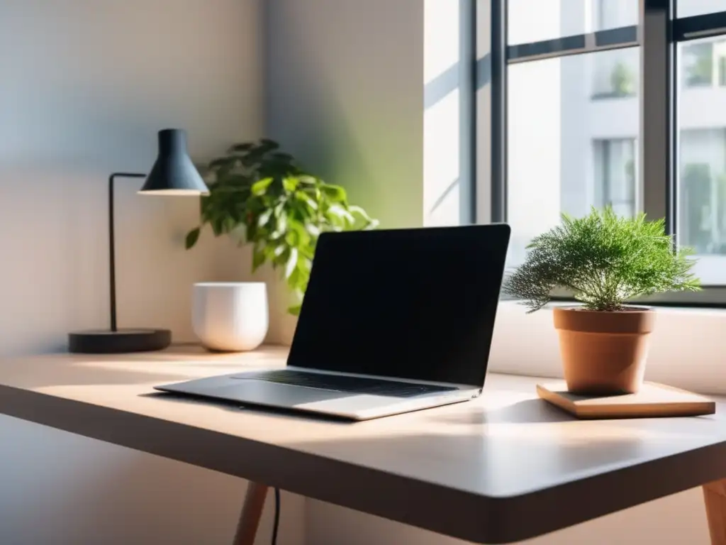 Espacio de trabajo minimalista y ordenado Espacio de trabajo minimalista con escritorio elegante, laptop y cuaderno, junto a una ventana iluminada por luz natural