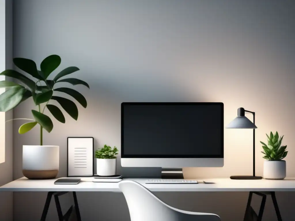Espacio de trabajo minimalista Espacio de trabajo minimalista con laptop en blanco y planta, promoviendo gestión financiera para asegurar una jubilación segura como freelancer
