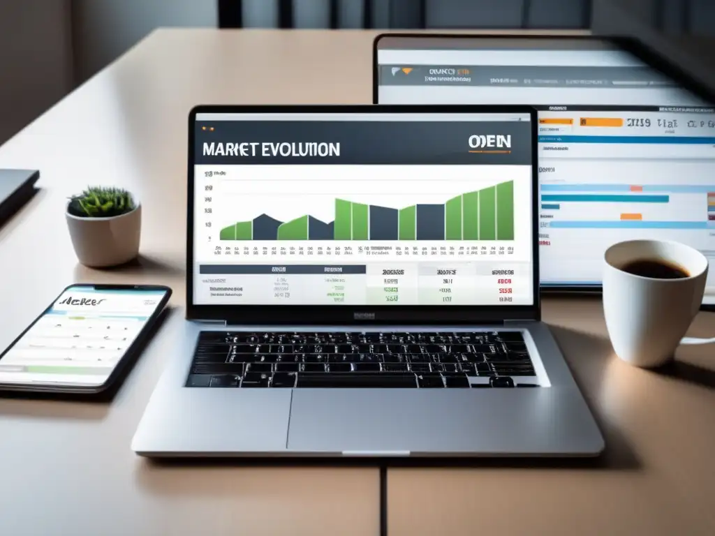 Espacio de trabajo minimalista y organizado Espacio de trabajo minimalista con laptop, gráfico de mercado, calculadora y calendario