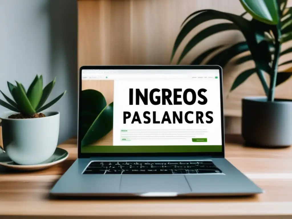 Espacio de trabajo minimalista con laptop en escritorio Imagen de ingresos pasivos para freelancers en un espacio de trabajo limpio y minimalista