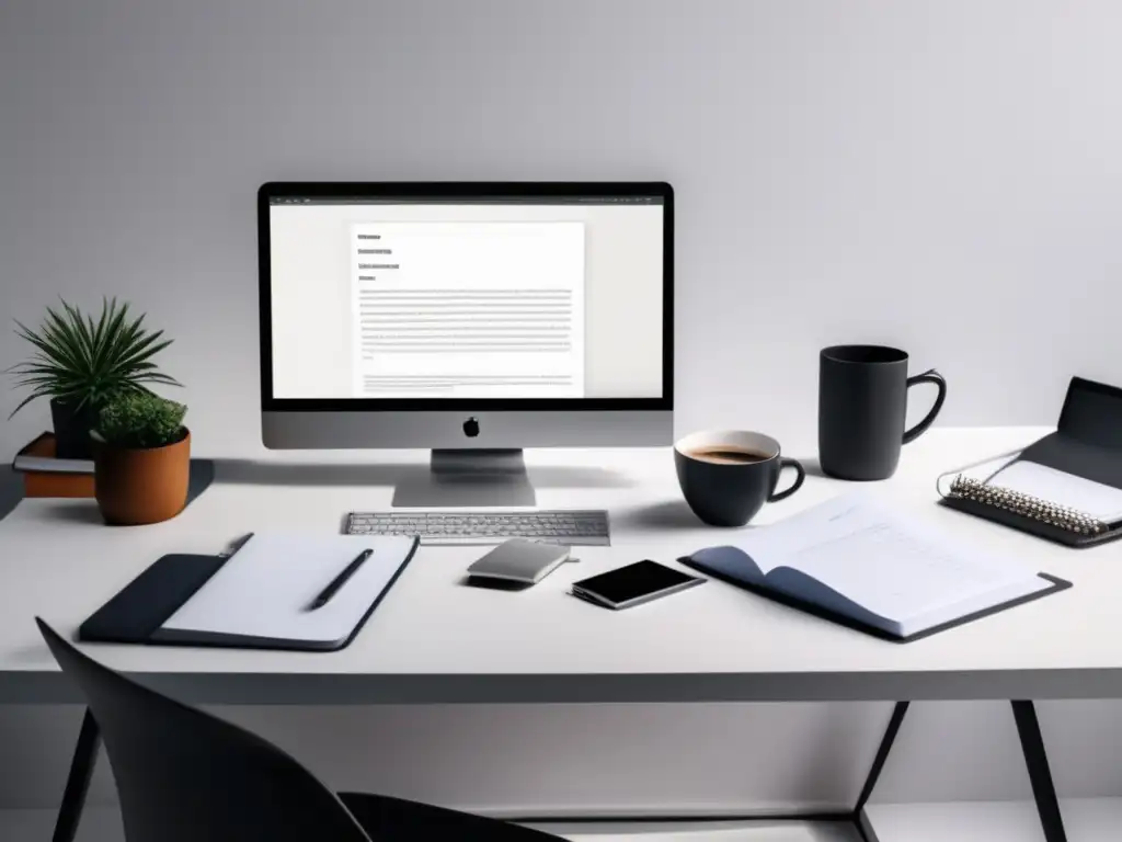 Trabajo freelance: Espacio minimalista con escritorio blanco, laptop y café Espacio de trabajo minimalista con escritorio blanco, laptop, notepad y taza de café