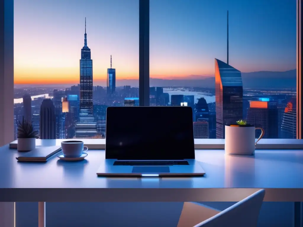 Espacio de trabajo minimalista con vista a la ciudad al atardecer Espacio de trabajo minimalista con gestión financiera para freelancers