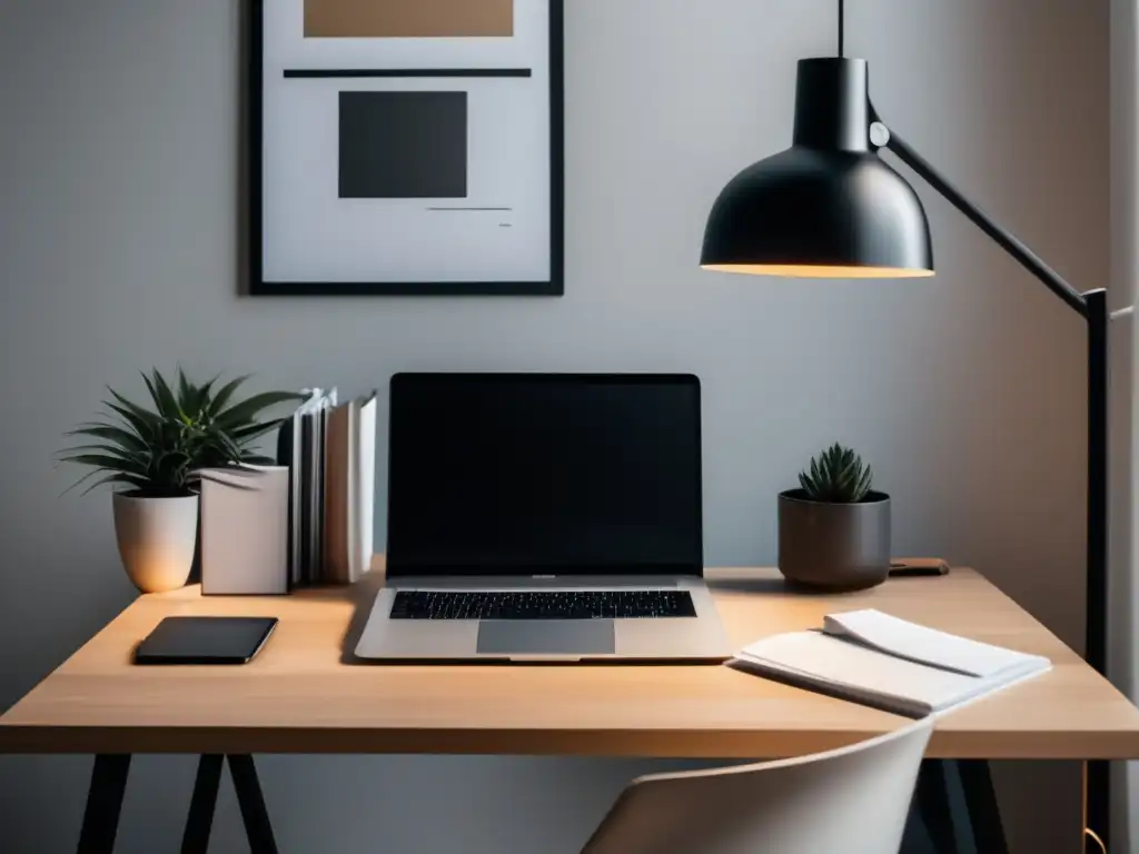 Espacio de trabajo minimalista con escritorio de madera clara Espacio de trabajo minimalista con escritorio de madera clara y organizado con laptop, documentos financieros y calculadora